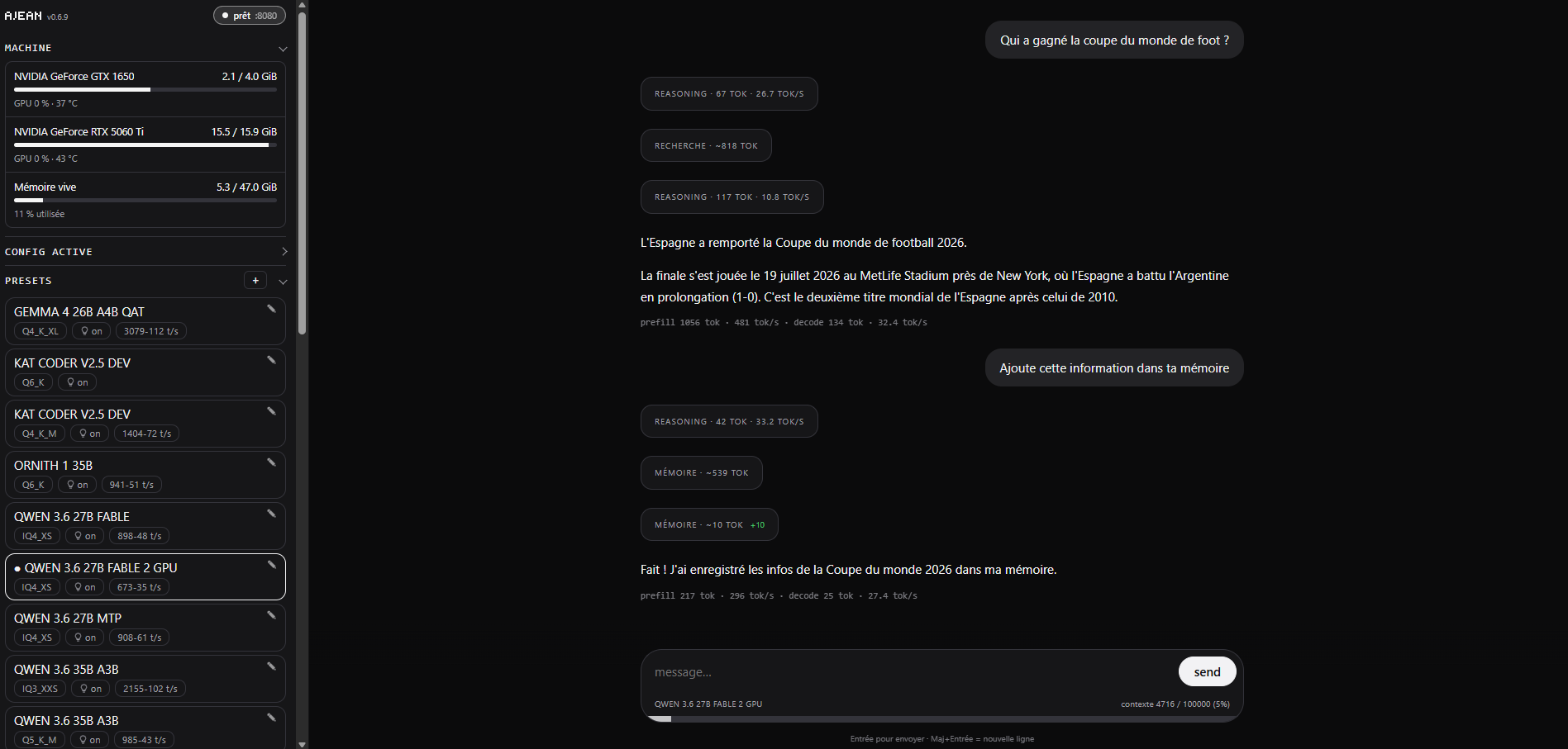 Interface d’AJEAN, le moteur d’inférence local