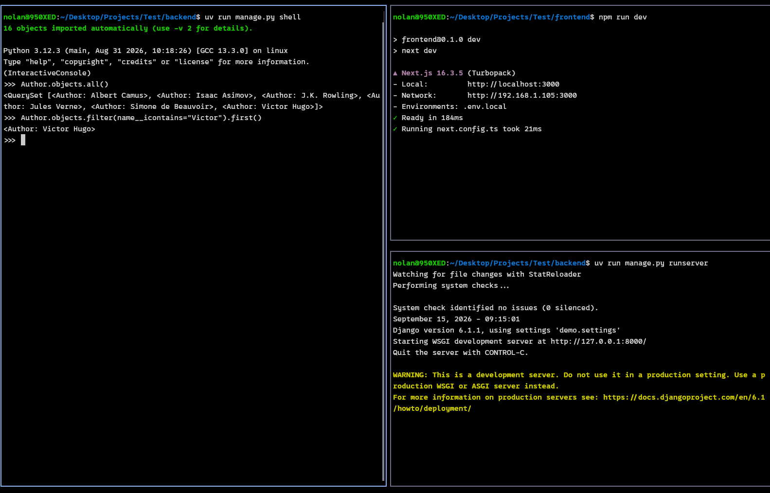 Panneau séparé verticalement pour ajouter un shell Django